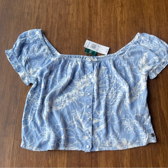 Roxy Crop Top Womens Large Midnight Magic Prairie Button Short Slv Blue Hawaiian - Picture 3 of 15